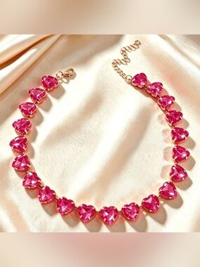 Gold-Tone Pink Heart Crystal Choker Necklace - Women Jewelry